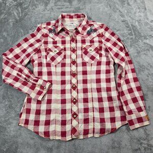 Barn Fly Trading Top Womens M Red Plaid Pearl Snap Embroidered Rodeo Western